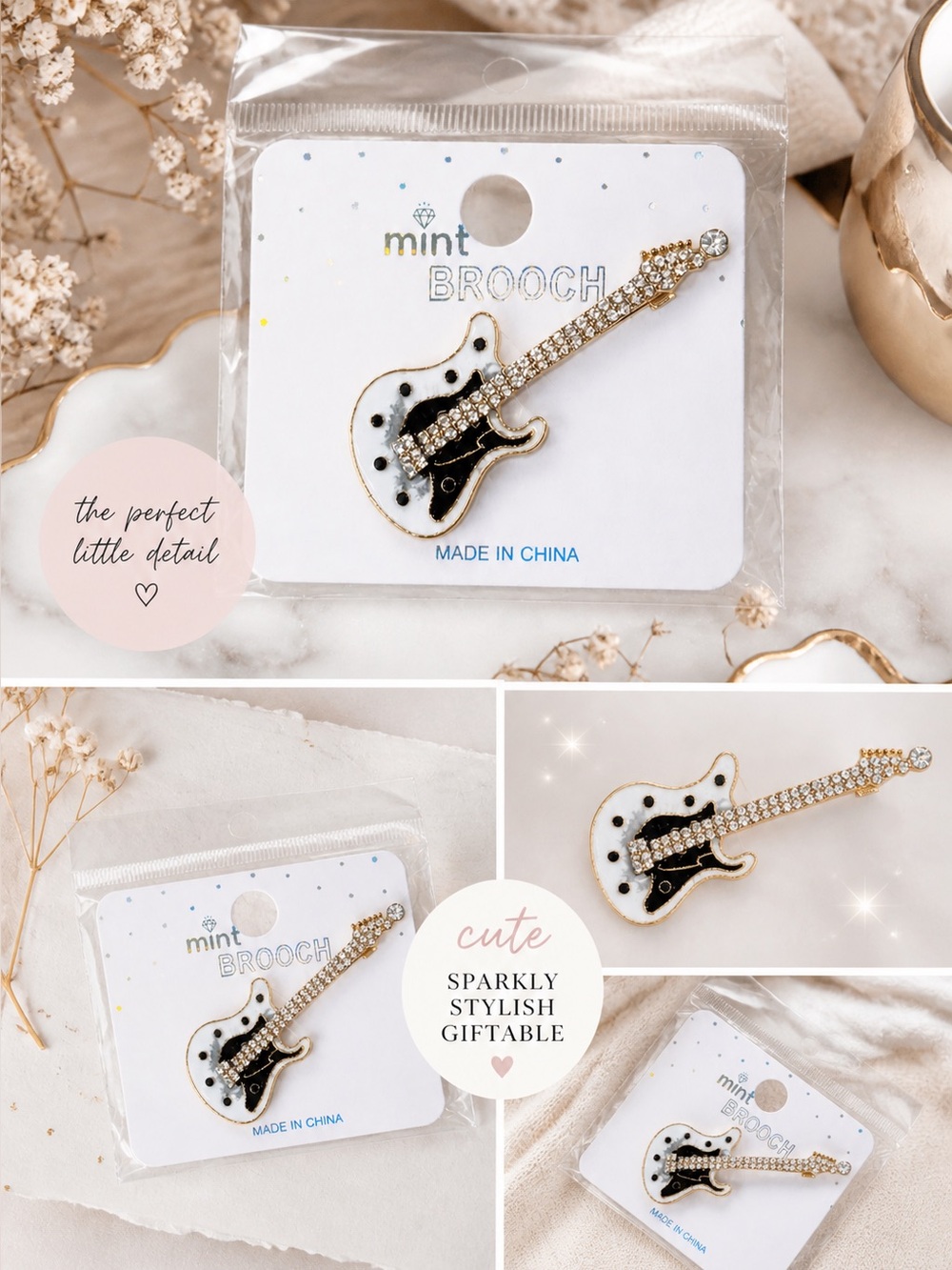 Rhinestone Guitar Brooch Pin Sparkly Music Lover Accessory